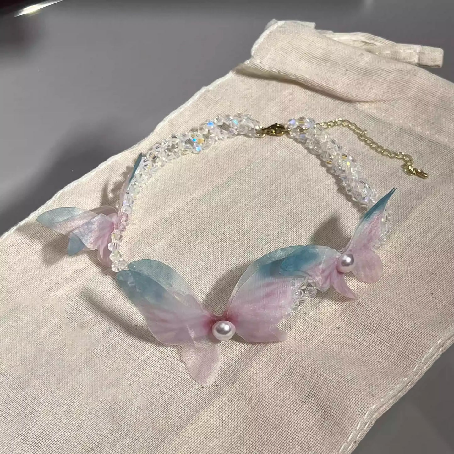 Dreamy Gradient Butterfly Crystal Tulle Necklace