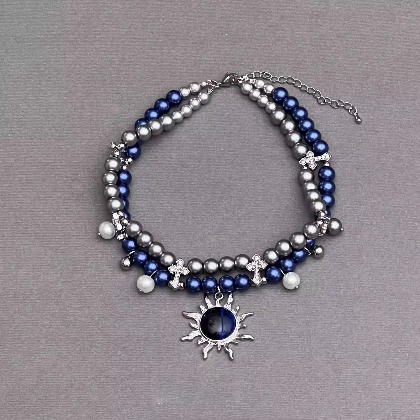 Blazing Sun Cross Double-Layer Pearl Necklace