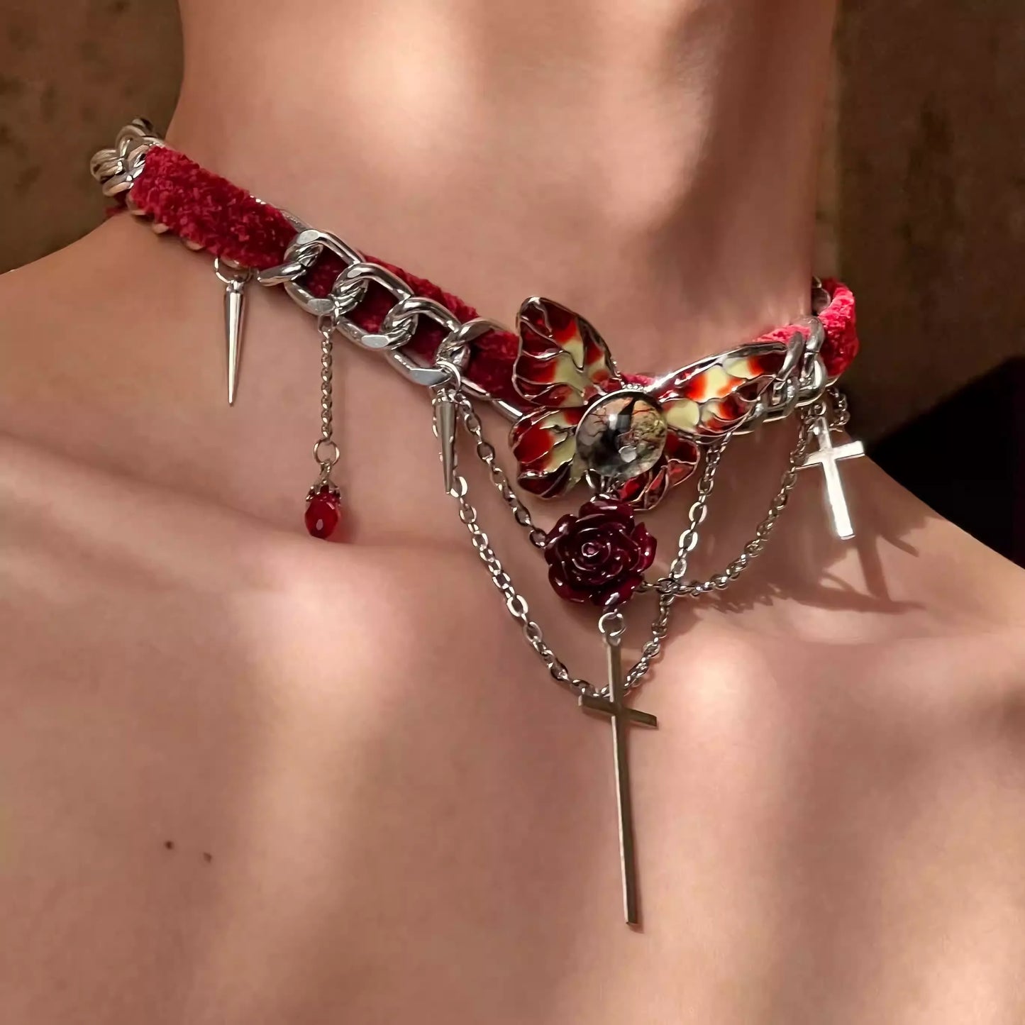 Velvet Butterfly Eye Cross Necklace