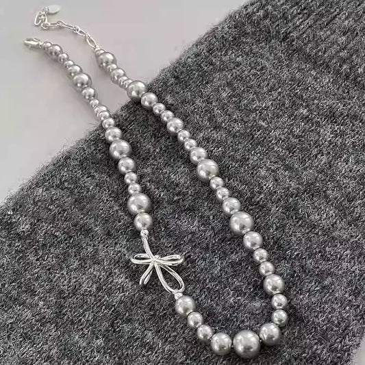 Grey Pearl Bowknot Necklace