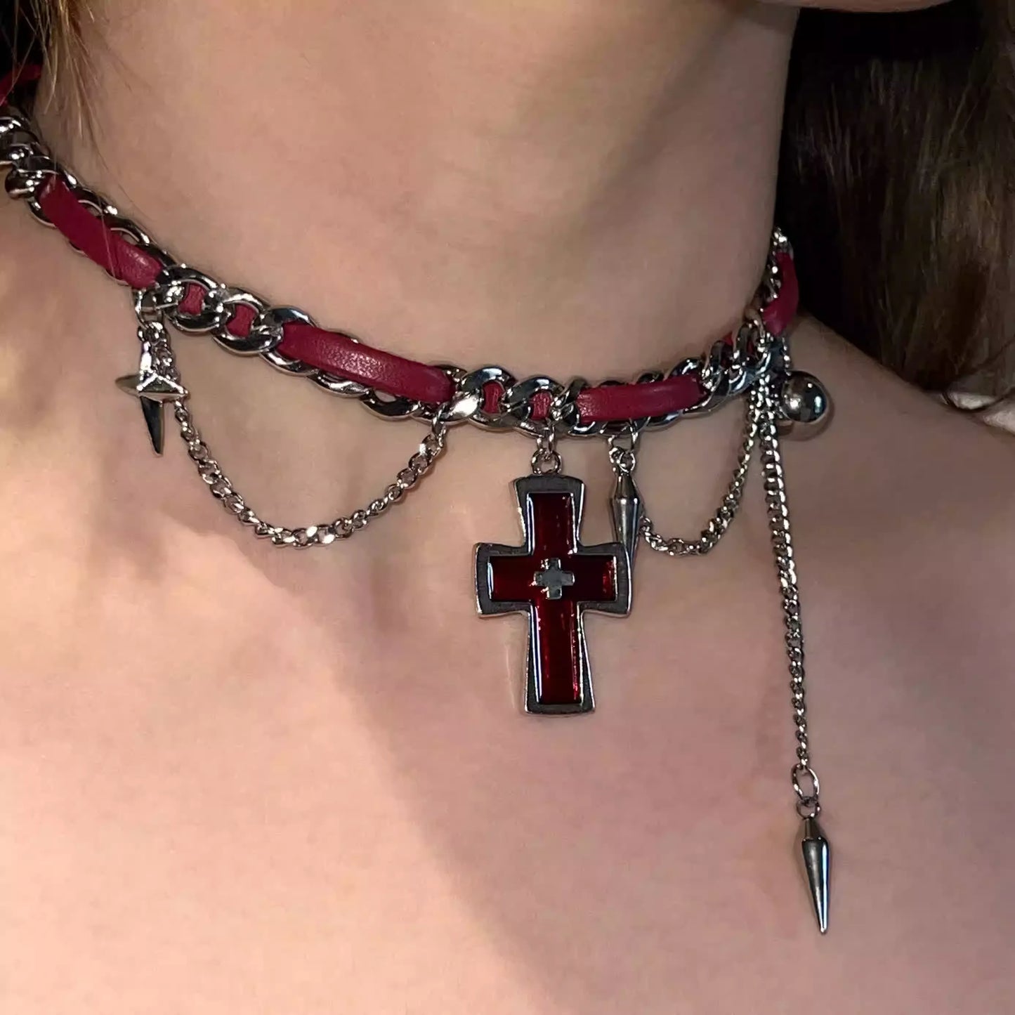 Dark Cross Rivet Scarlet Necklace