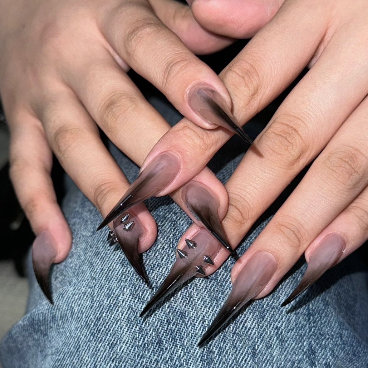 White & Black Ombre Dragon Claw Studded Handmade Press On Nail Set