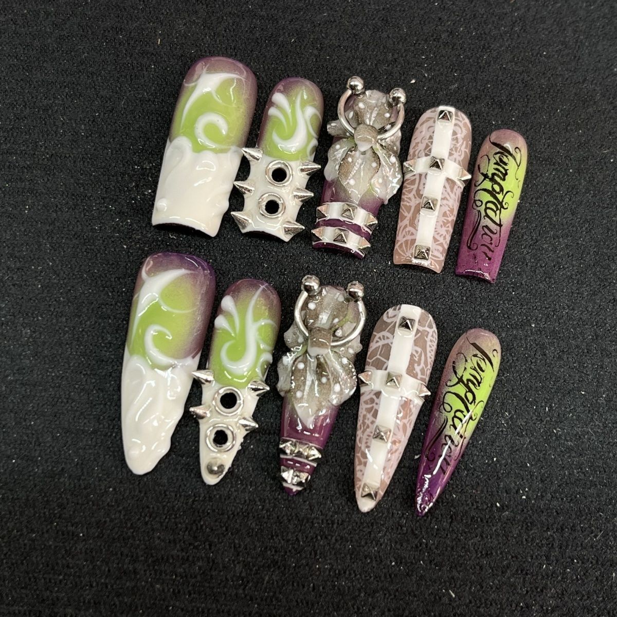Long Almond&Square Gray Purple Evil Eye Handmade Press On Nail Set