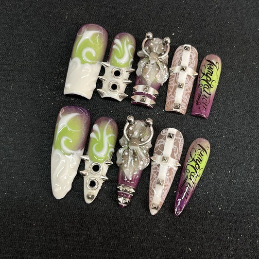 Long Almond&Square Gray Purple Evil Eye Handmade Press On Nail Set