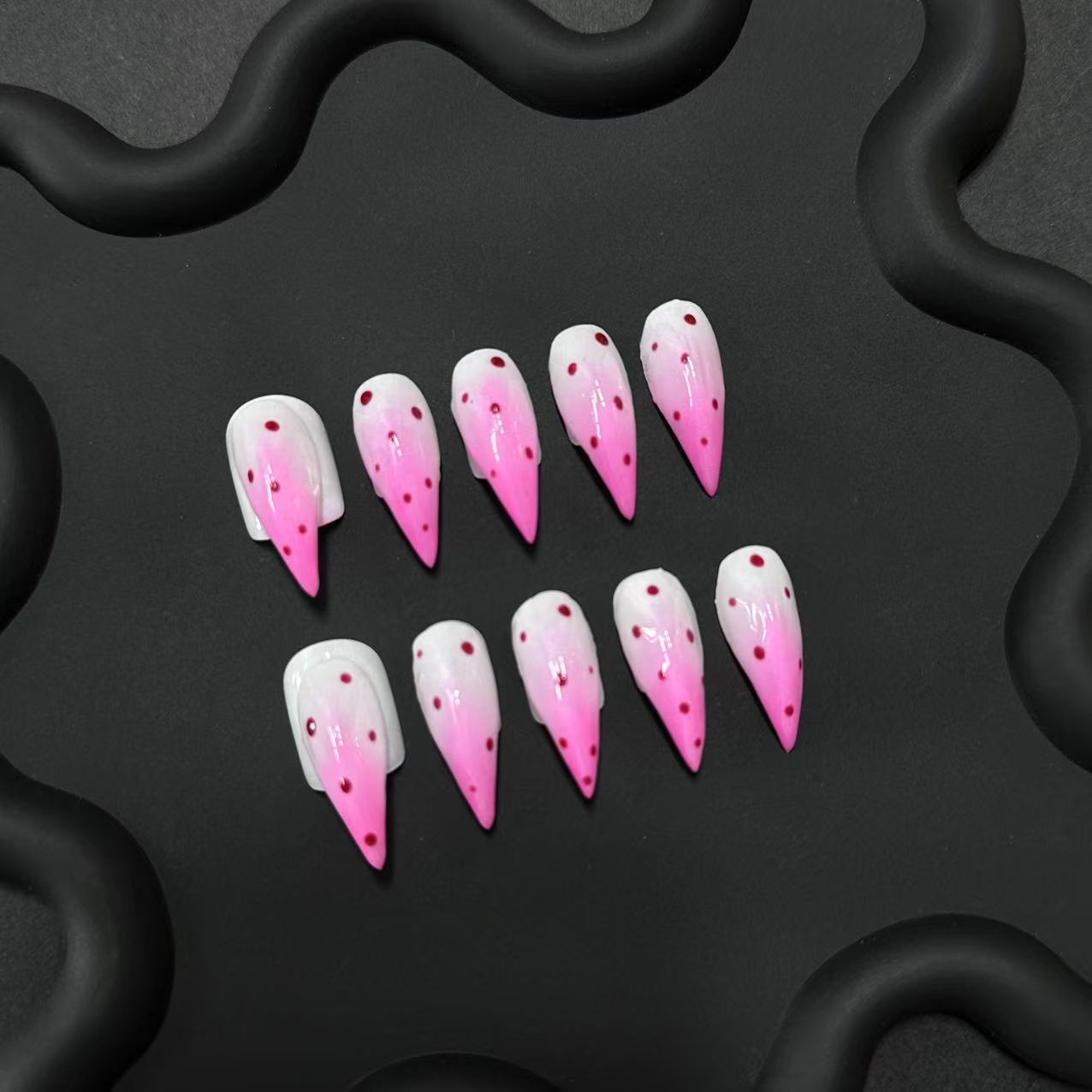 Pink Ombre Dragon Claw Y2K Polka Dot Handmade Press On Nail Set