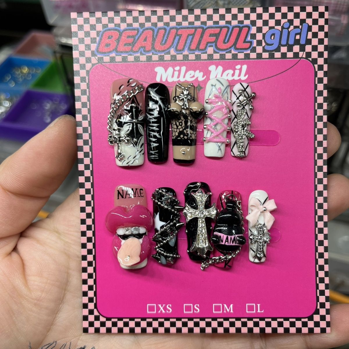 Long Coffin Lip Chain Spic Handmade Press On Nail Set