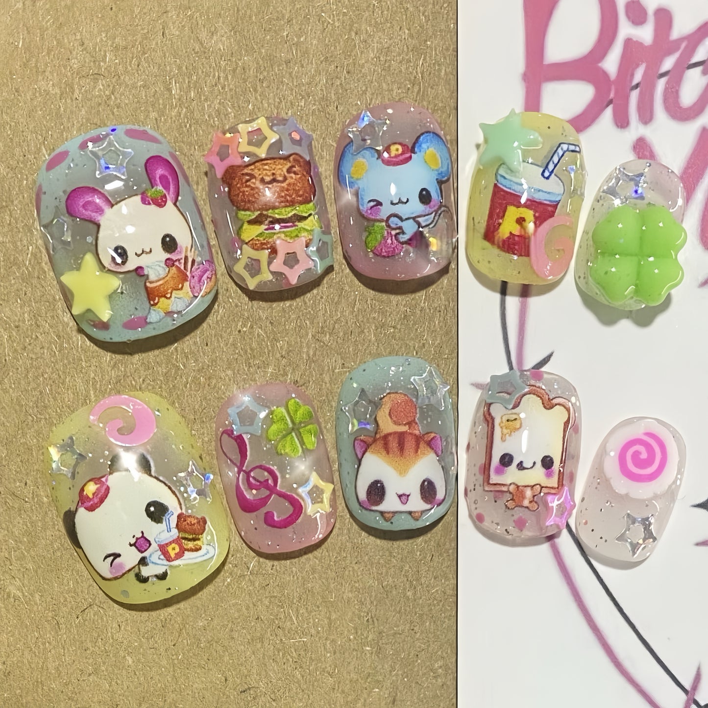 Short Round Sticky Note Bear Handmade Press On Nail Set