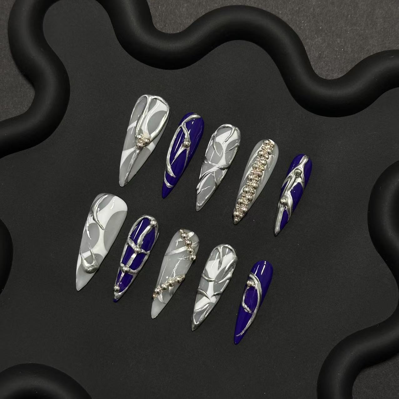 Long Almond Punk Liquid Metal Handmade Press On Nail Set