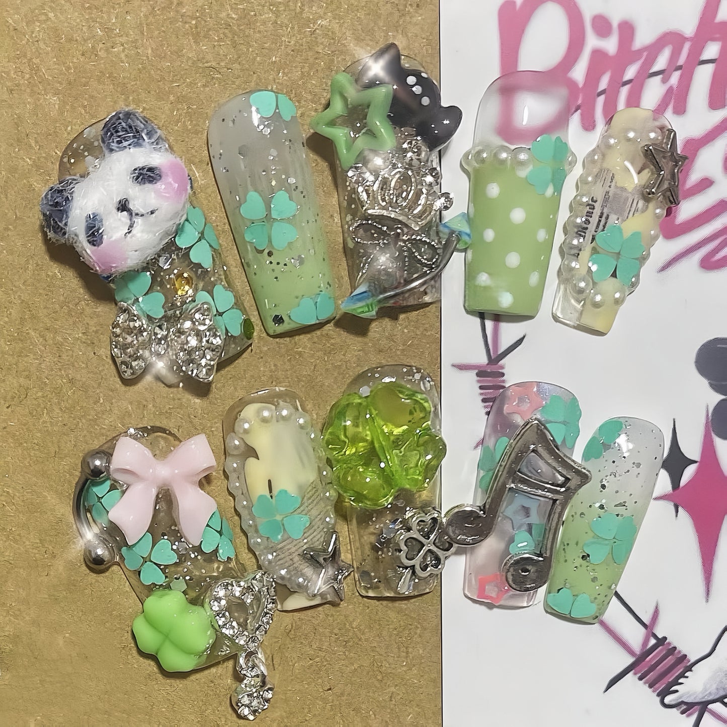 Long Coffin Clover Panda 3D Flocked Handmade Press On Nail Set