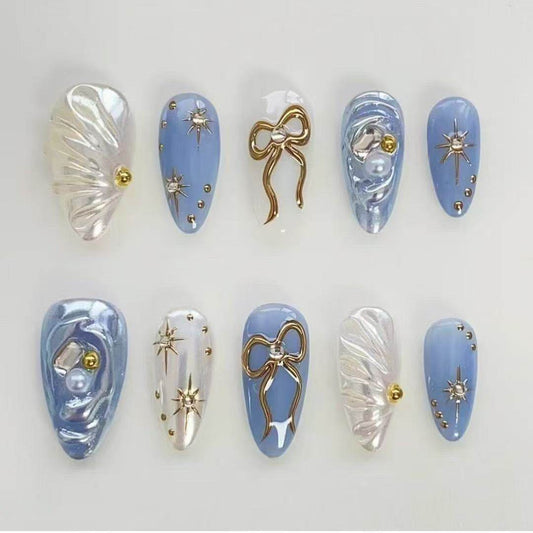 Blue Almond Cat Eye Gold Ribbon Handmade Press On Nail Set
