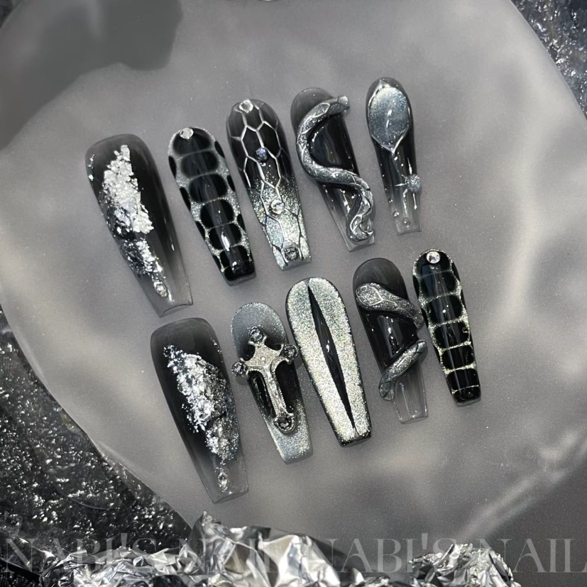Long Coffin Snake Cat Eye Handmade Press On Nail Set
