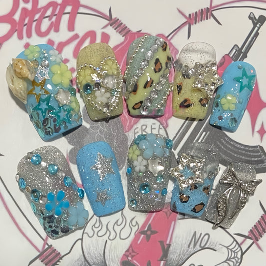 Medium Square Sub Leopard Glitch Summer Handmade Press On Nail Set