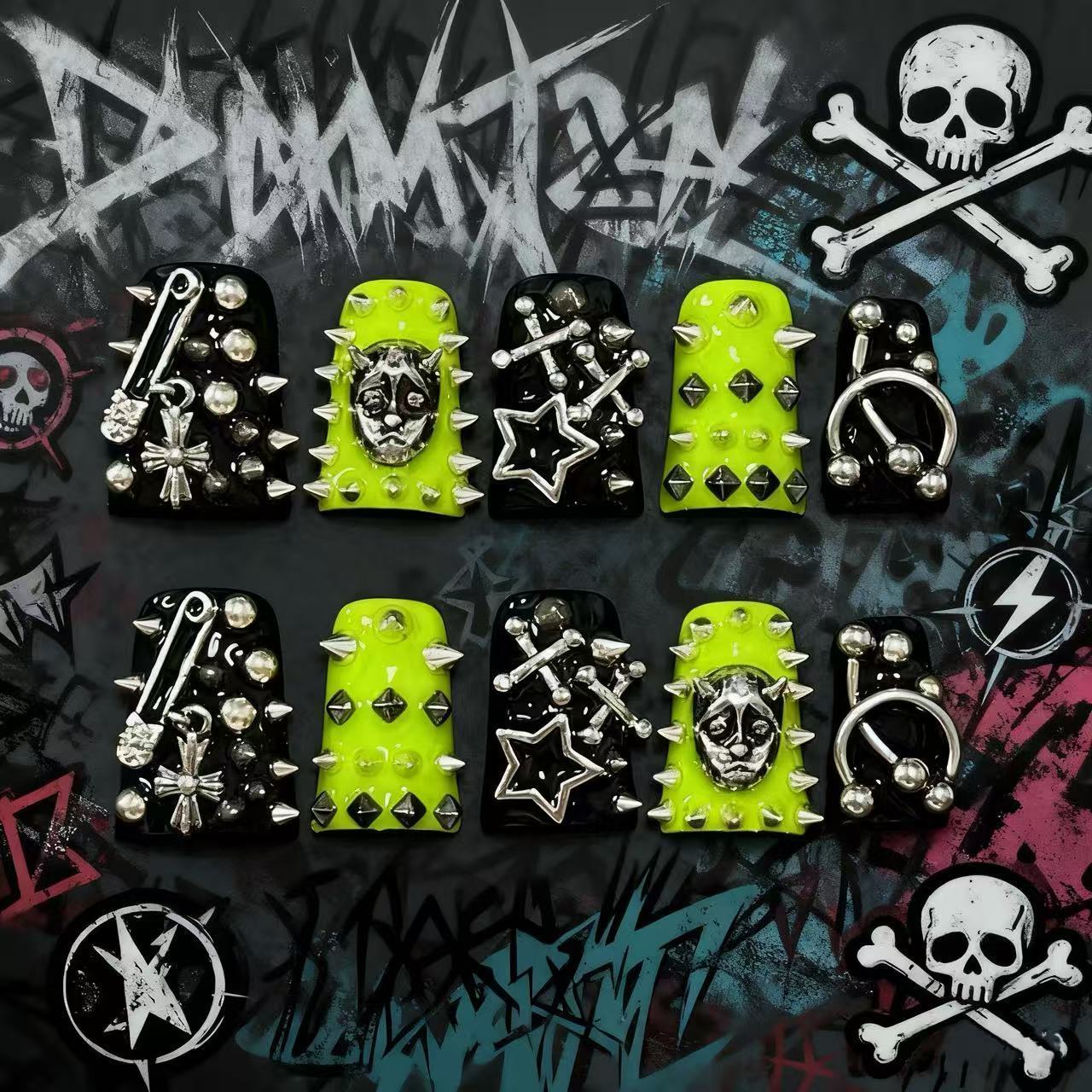 Green Duck Bill Dark Punk Studded Handmade Press On Nail Set