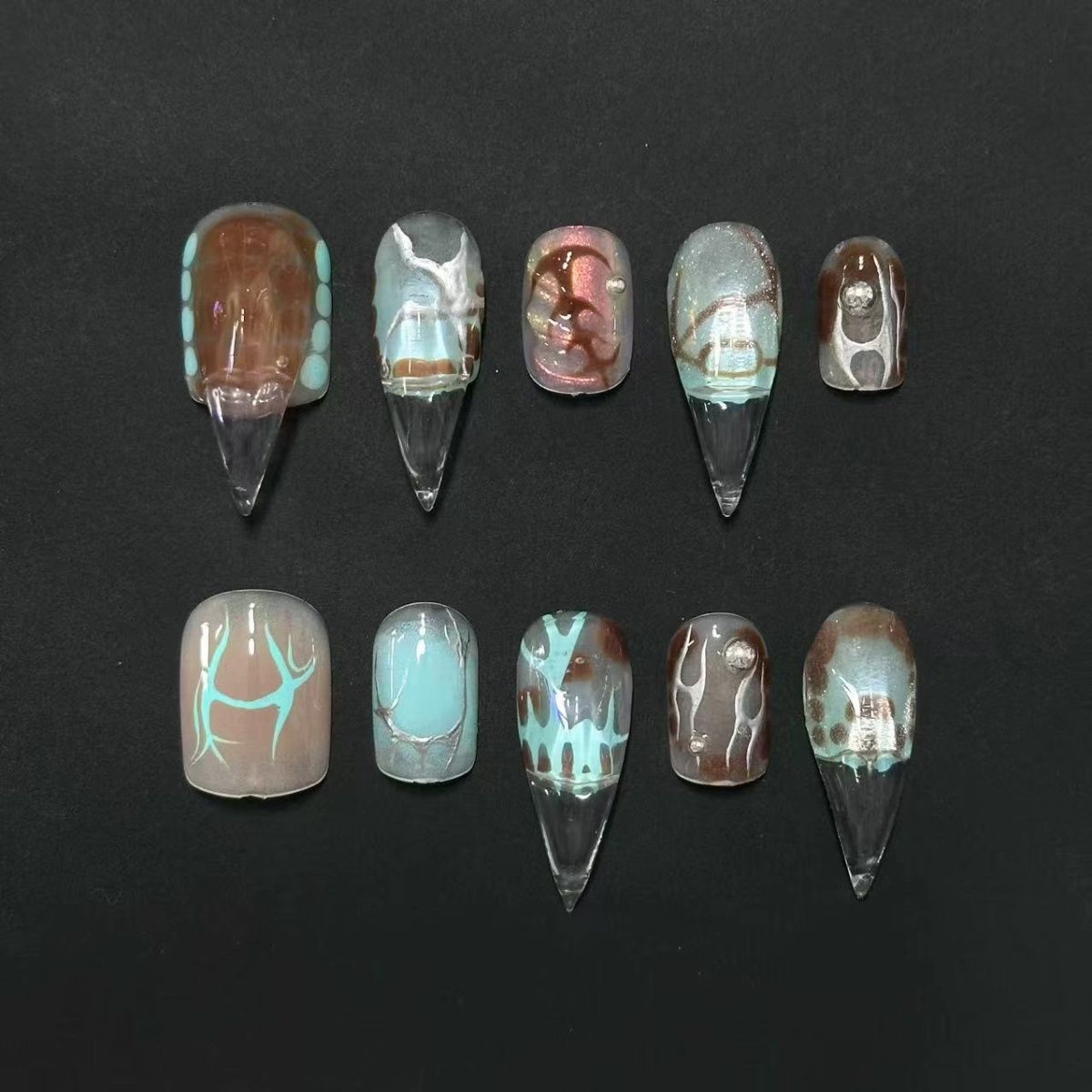 Mixed-Length Mixed-Shape Dragon Claw Mint Green Handmade Press On Nail Set