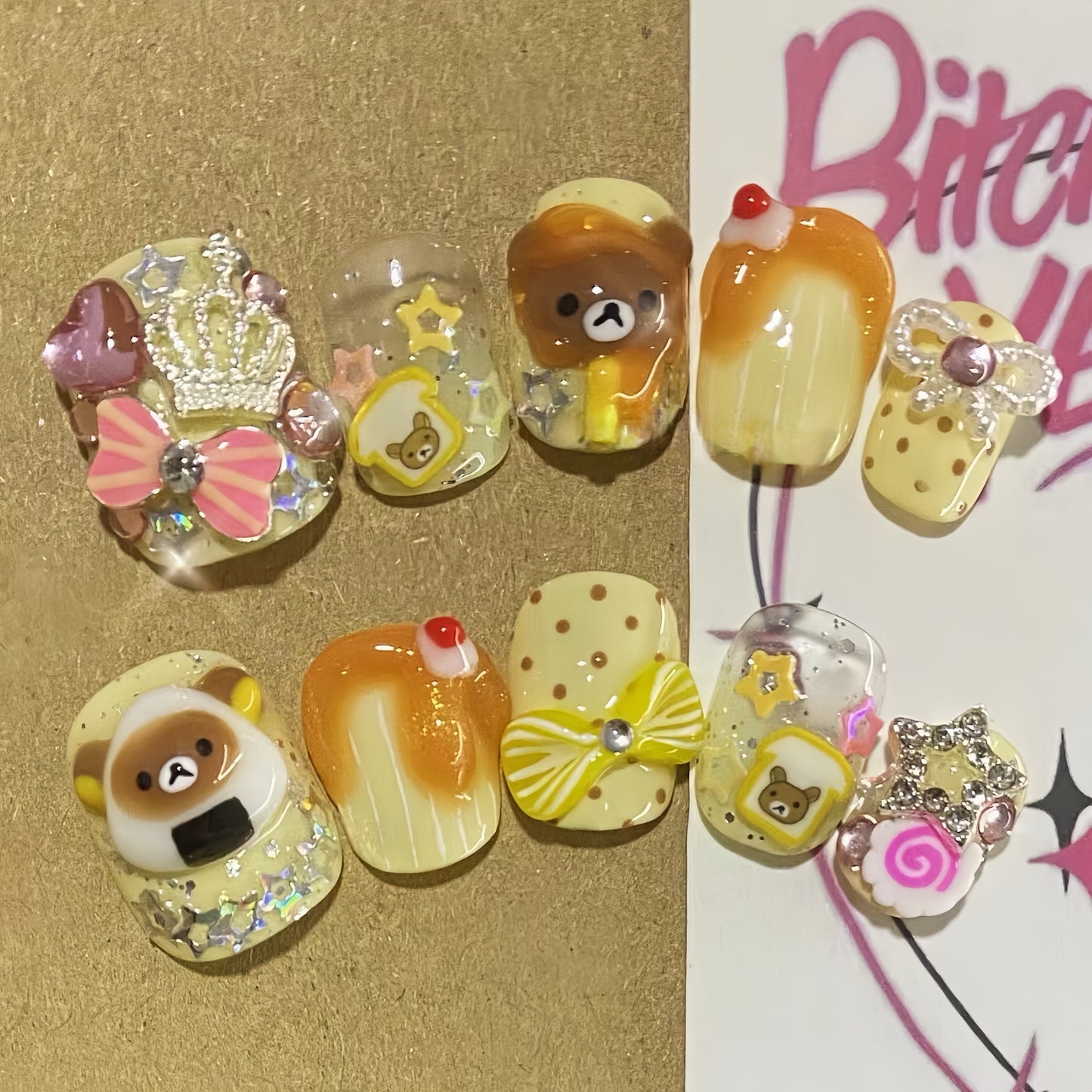Short Round Rilakkuma Handmade Press On Nail Set
