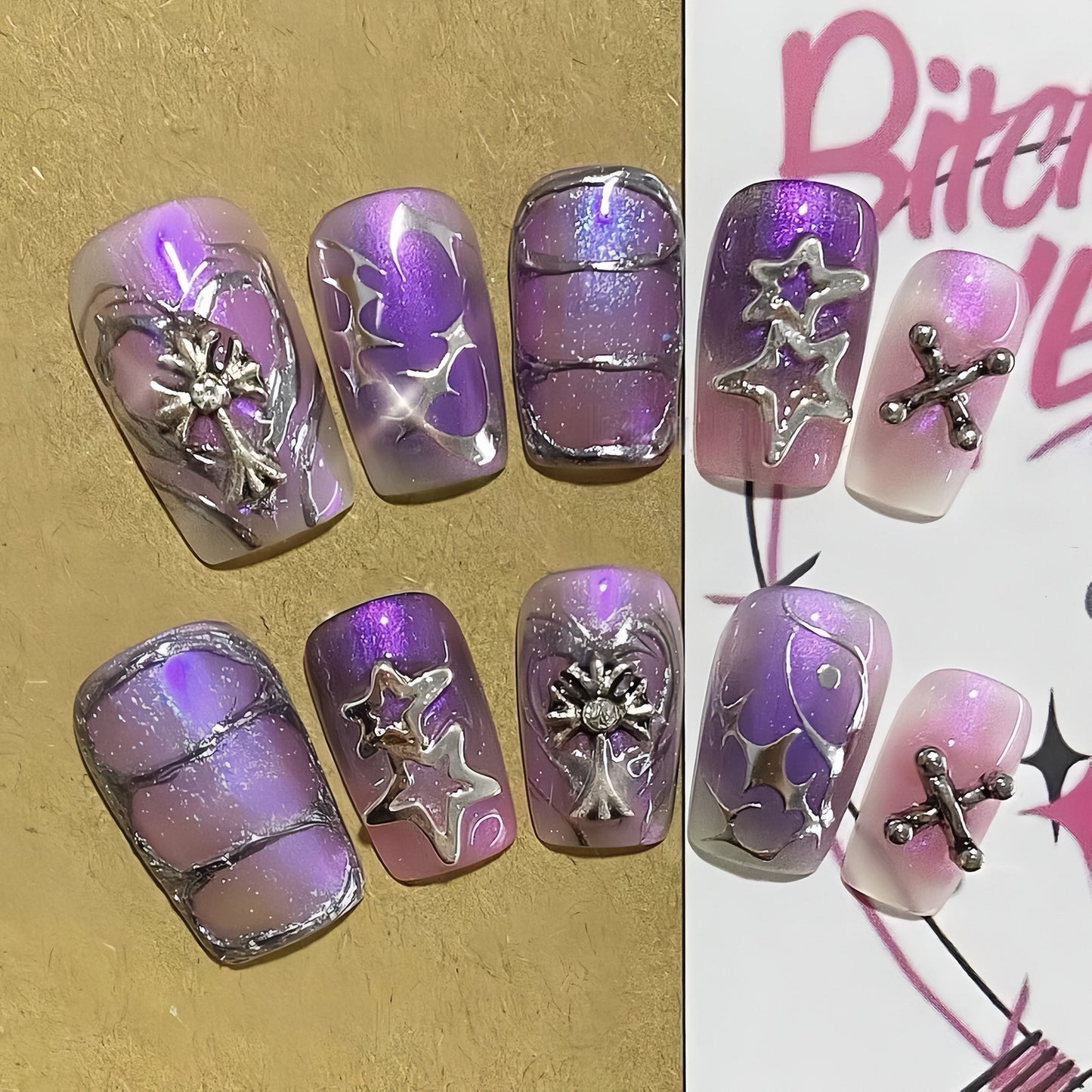Purple Medium Square Gothic Prism Handmade Press On Nail Set
