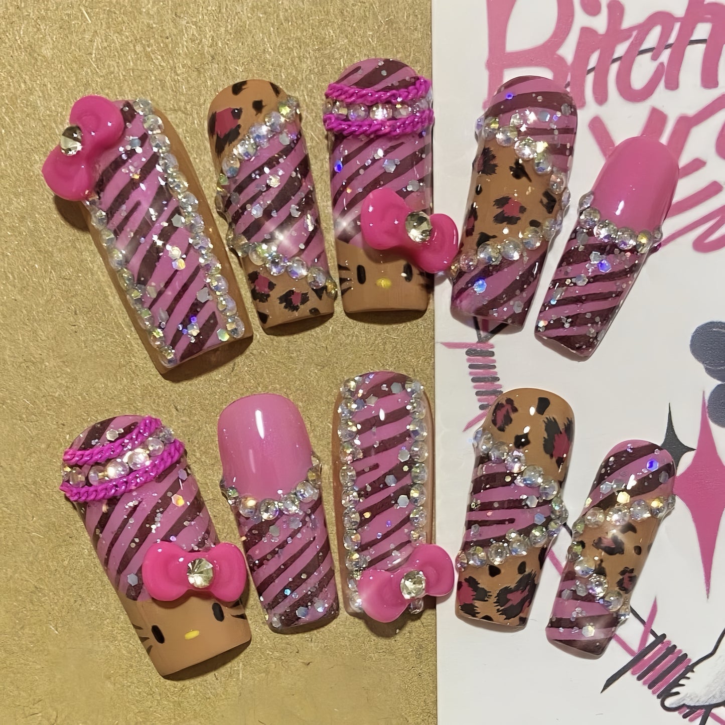 Long Coffin Black Skin Kitty Gyaru Leopard Handmade Press On Nail Set