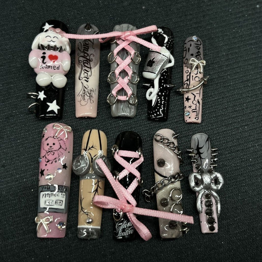 Long Tube Punk Sweetheart Handmade Press On Nail Set