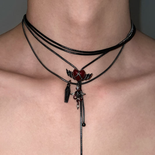 Multi-layer Dark Cross Heart Necklace