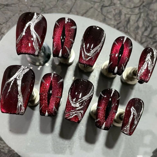 Medium Square Blood Rose Black Red Cat Eye Handmade Press On Nail Set