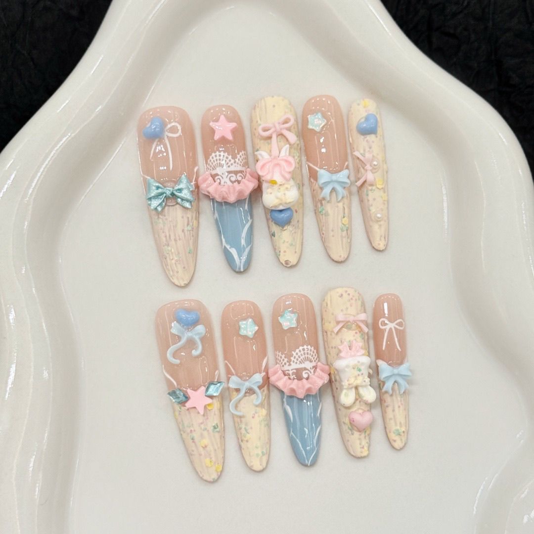 Long Almond Marshmallow Land Handmade Press On Nail Set