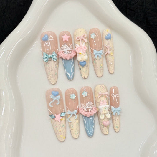 Long Almond Marshmallow Land Handmade Press On Nail Set