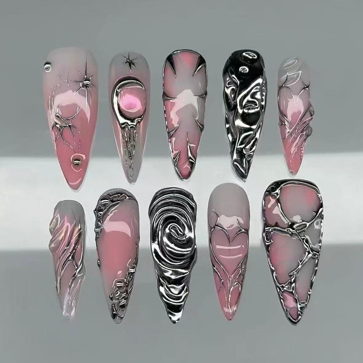 Pink Chrome Long Almond Aurora Cat Eye Gothic Handmade Press On Nail Set