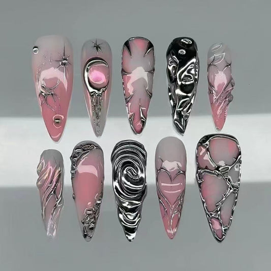 Pink Chrome Long Almond Aurora Cat Eye Gothic Handmade Press On Nail Set