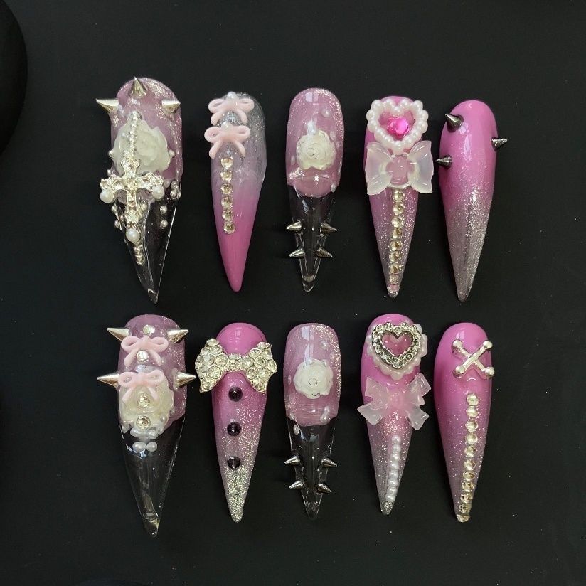 Ombre Pink Dragon Claw Vintage Rose Studded Butterfly Handmade Press On Nail Set