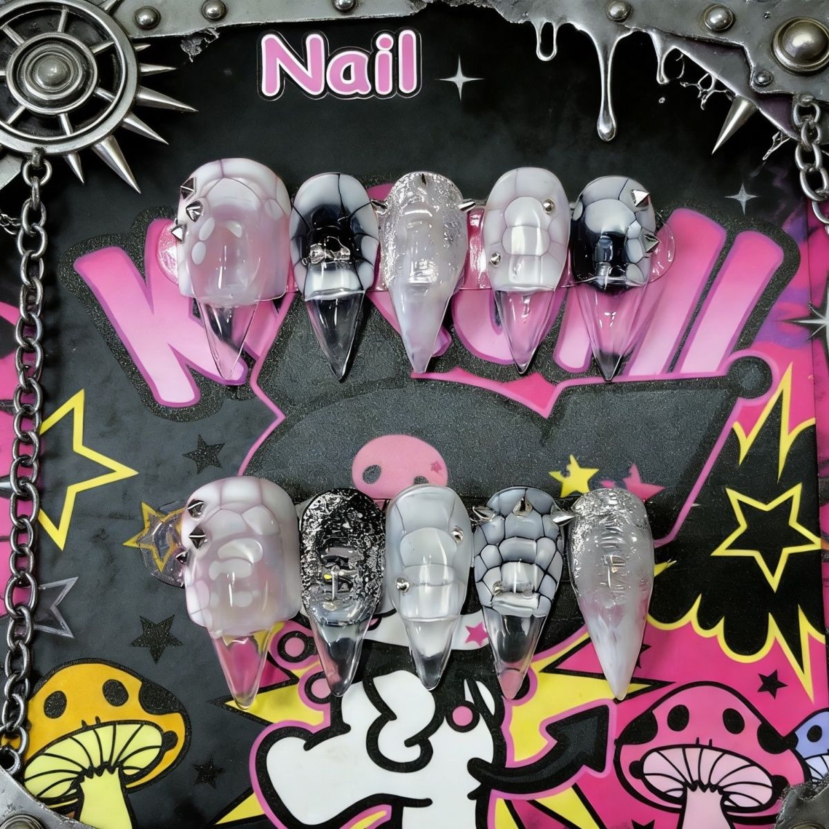 Black White Leather Textured Dragon Claw Handmade Press On Nail Set