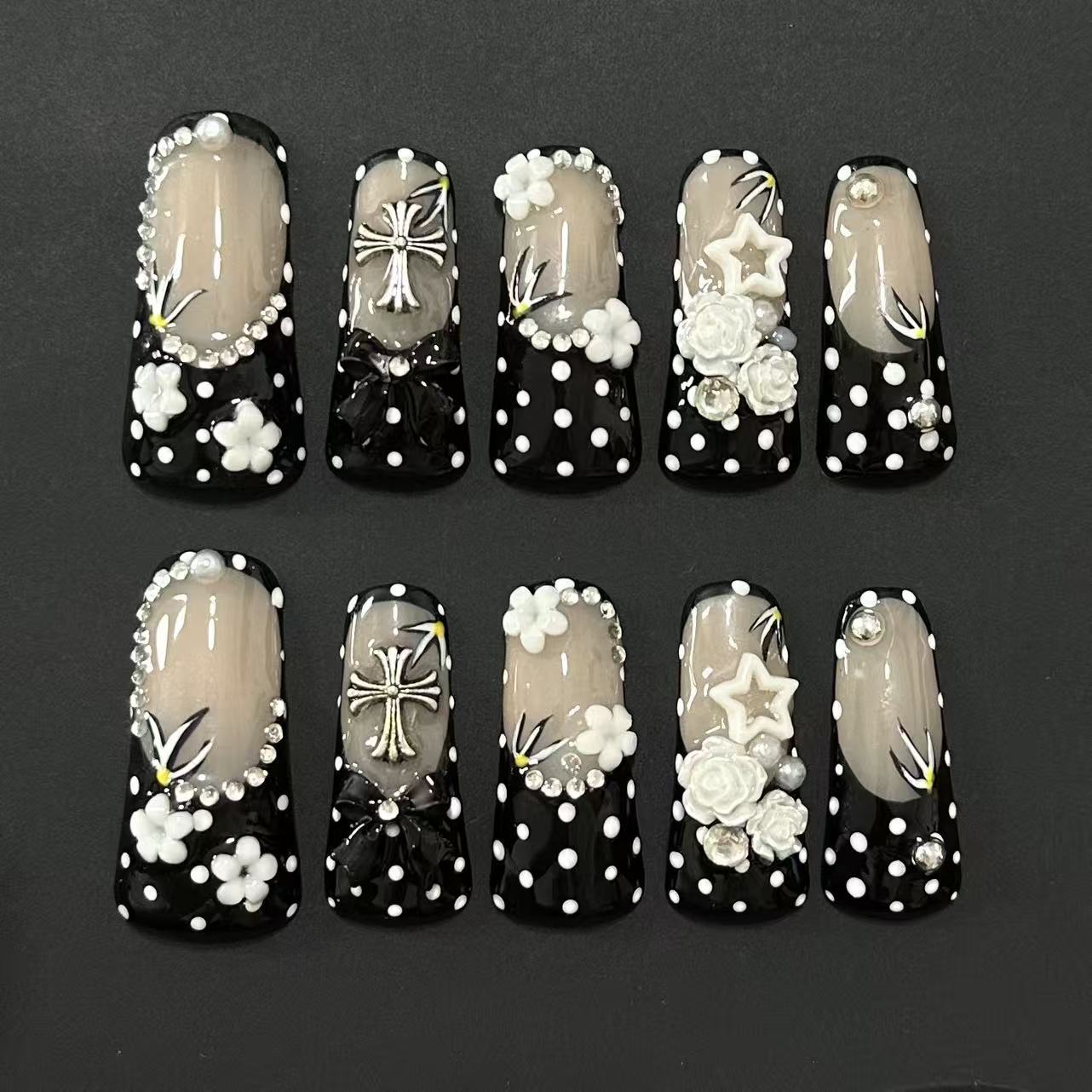 Long Duck Bill Vintage Polka Dot Camellia French Design Handmade Press On Nail Set