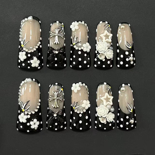 Long Duck Bill Vintage Polka Dot Camellia French Handmade Press On Nail Set
