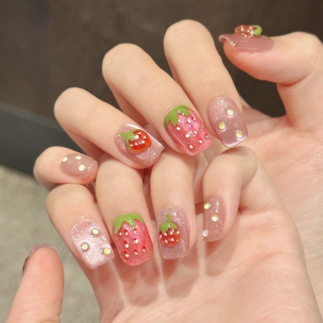 Short Square 3D Strawberry Candy Cat Eye Handmade Press On Nail Set