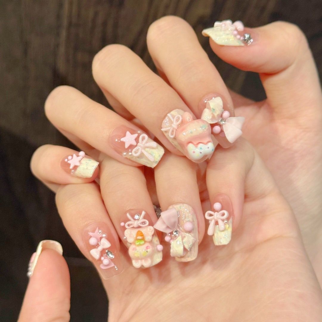 Medium Coffin Bear Macaron Bow Blush Handmade Press On Nail Set