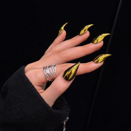 Gold Dragon Claw Molten Mirror Handmade Press On Nail Set
