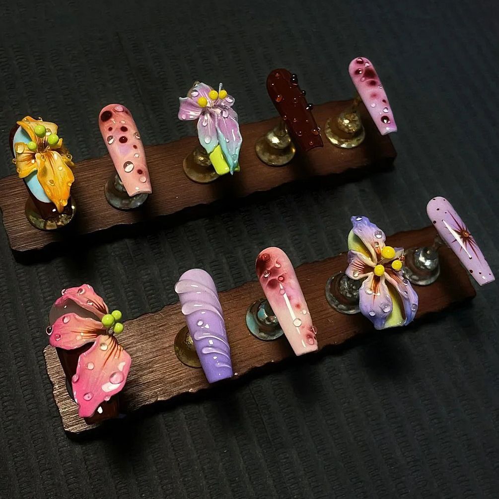 Long Coffin Flower Design Devil‘s Dopamine Handmade Press On Nail Set