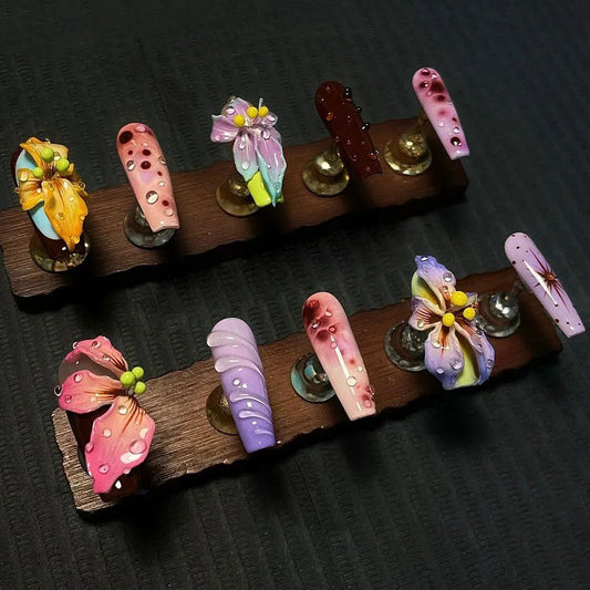 Long Coffin Flower Design Devil‘s Dopamine Handmade Press On Nail Set