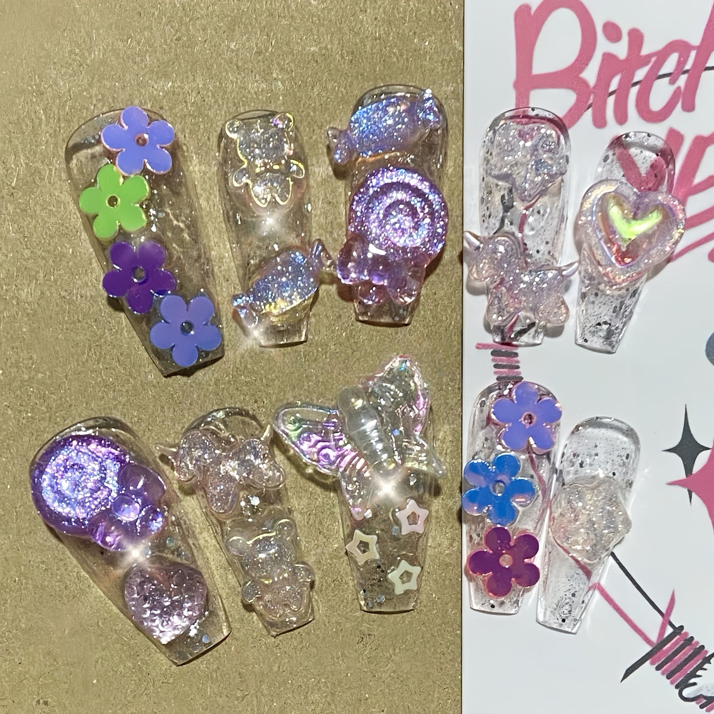 Long Coffin Icy Aurora Unicorn Handmade Press On Nail Set