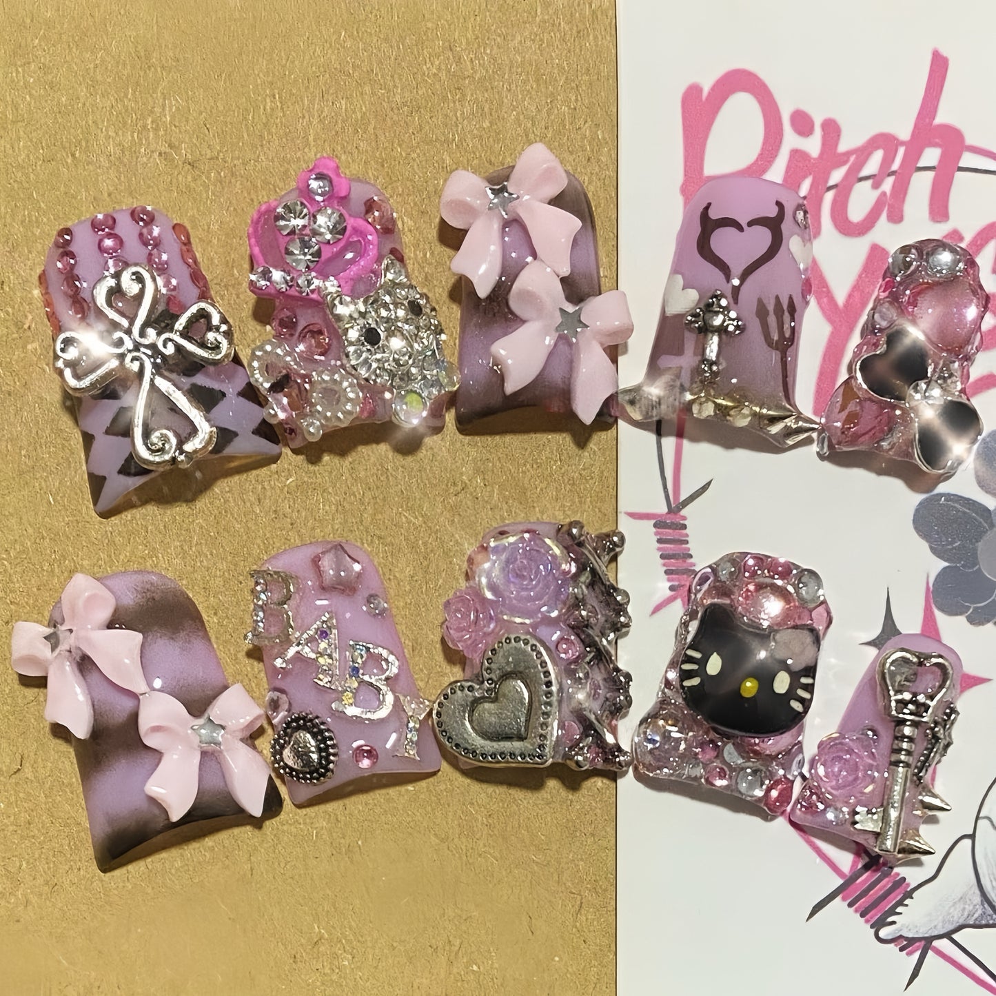 Medium Duck Dark Kawaii Kitty Handmade Press On Nail Set