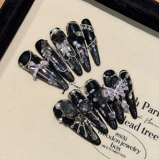 Long Almond Dark Rococo Handmade Press On Nail Set