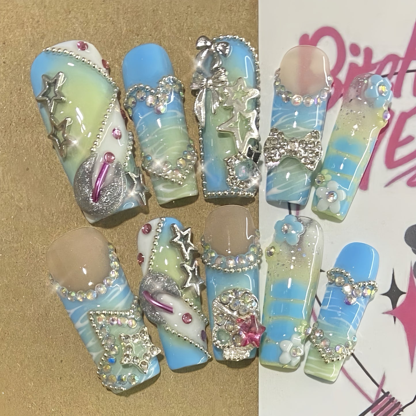 Long Coffin Blue Y2K HardwareHandmade Press On Nail Set