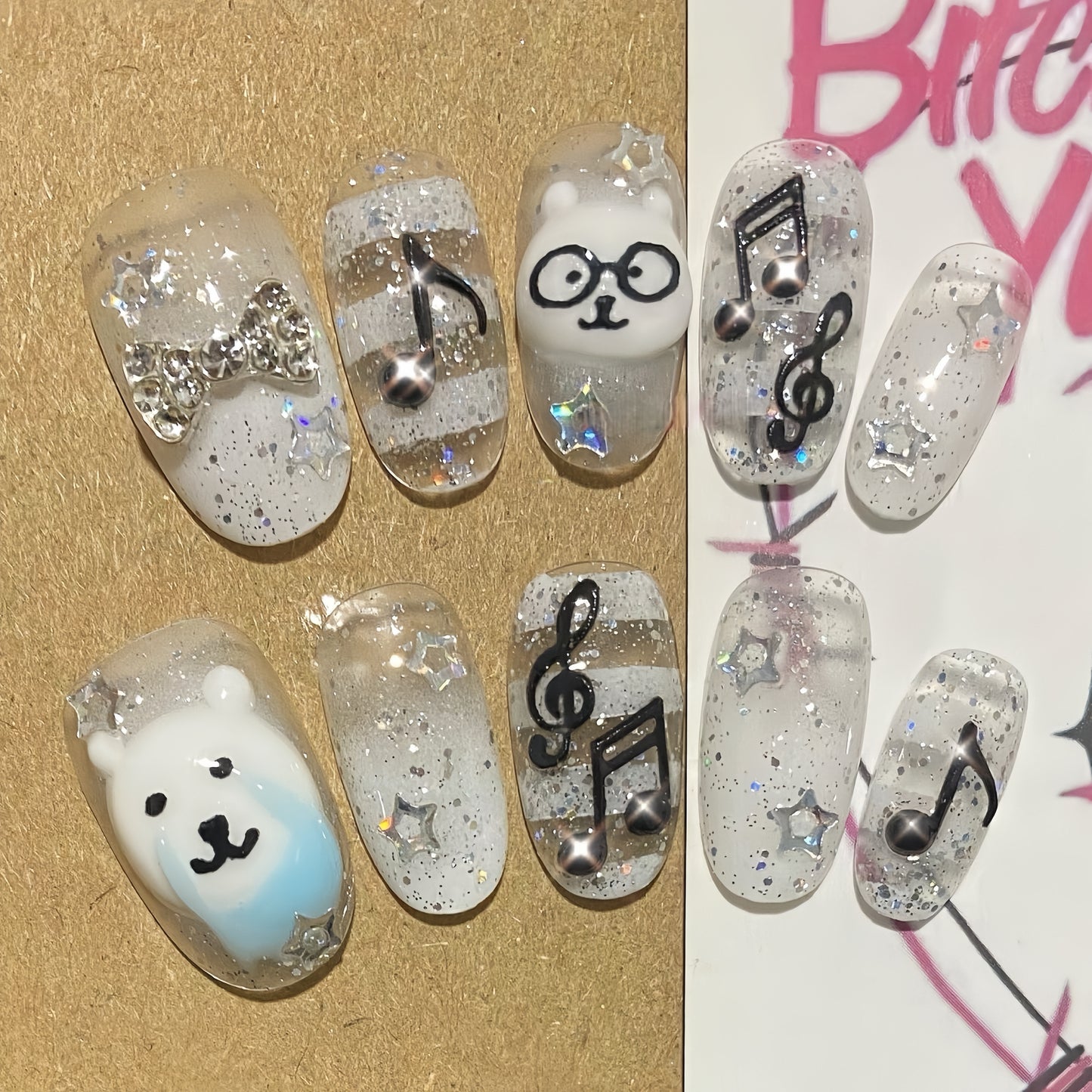 Medium Almond Joke Bear Handmade Press On Nail Set