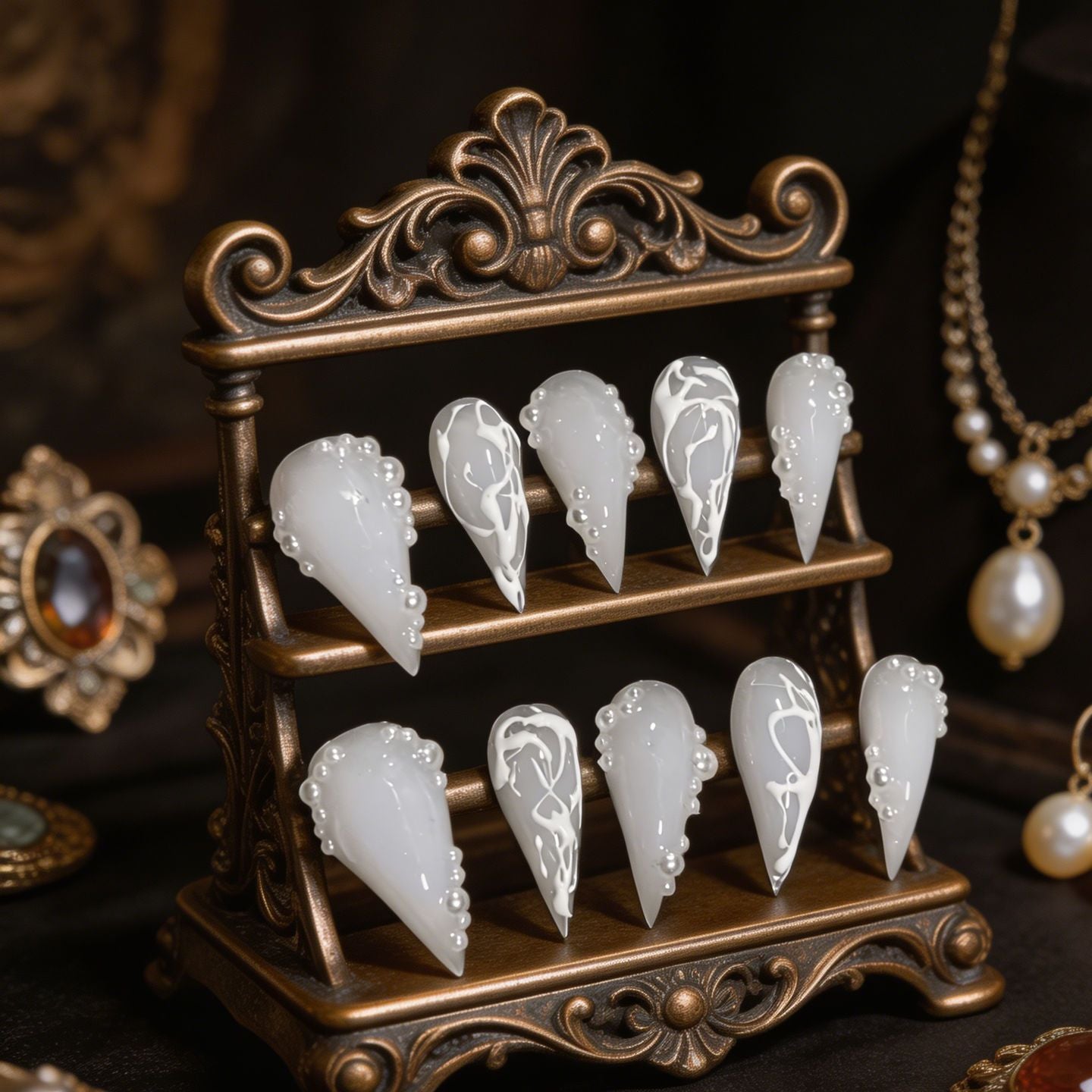 Milk White Dragon Claw 3D Pearl Handmade Press On Nail Set