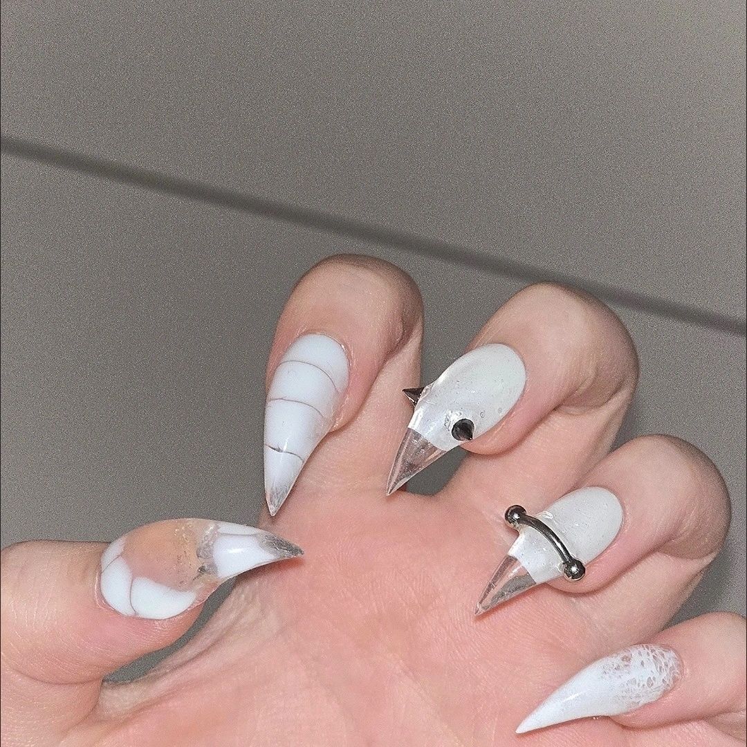 White Leather Textured Dragon Claw Handmade Press On Nail Set