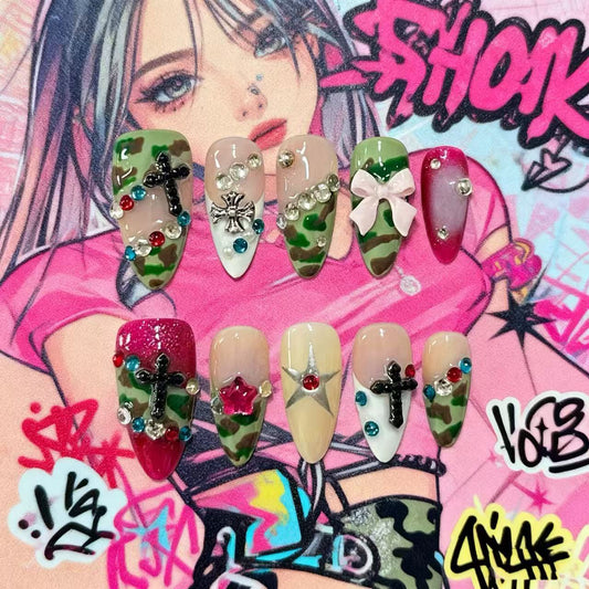 Almond Camo Cross Handmade Press On Nail Set