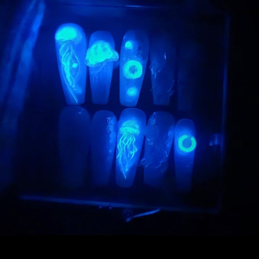 Glow-in-the-Dark Long Coffin 3D Hand-Sculpted Jellyfish Handmade Press On Nail Set