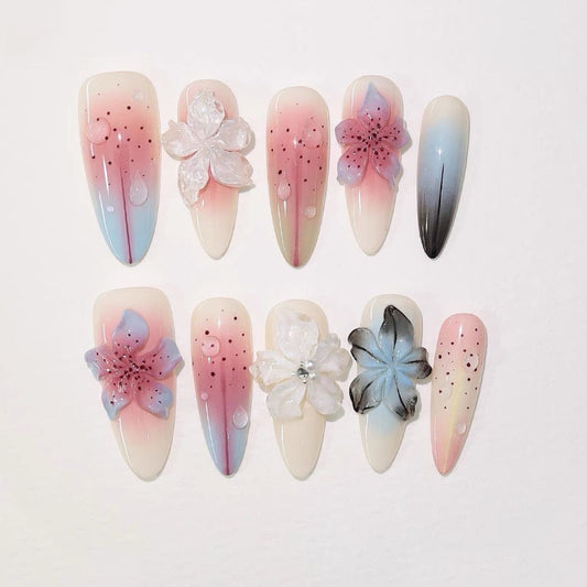 Long Almond Flower Design Man-Eater Relief Handmade Press On Nail Set