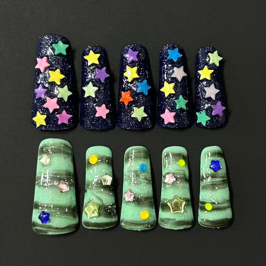 Green & Black Long Duck Bill Star Mismatched Baddie Handmade Press On Nail Set