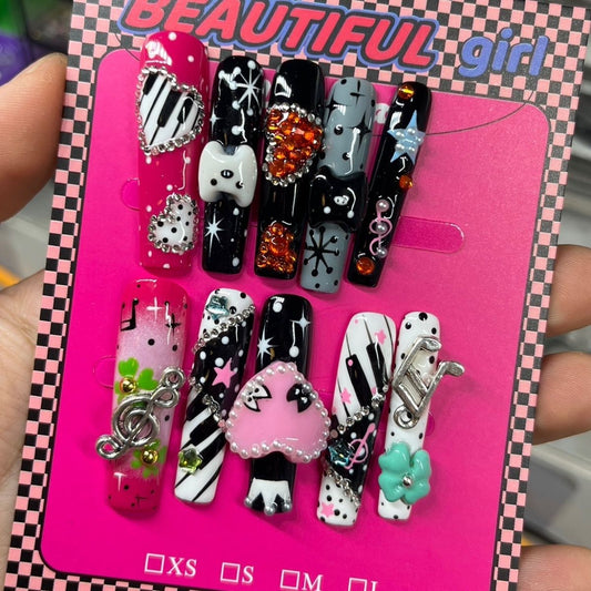 Long Coffin Punk Clover Handmade Press On Nail Set