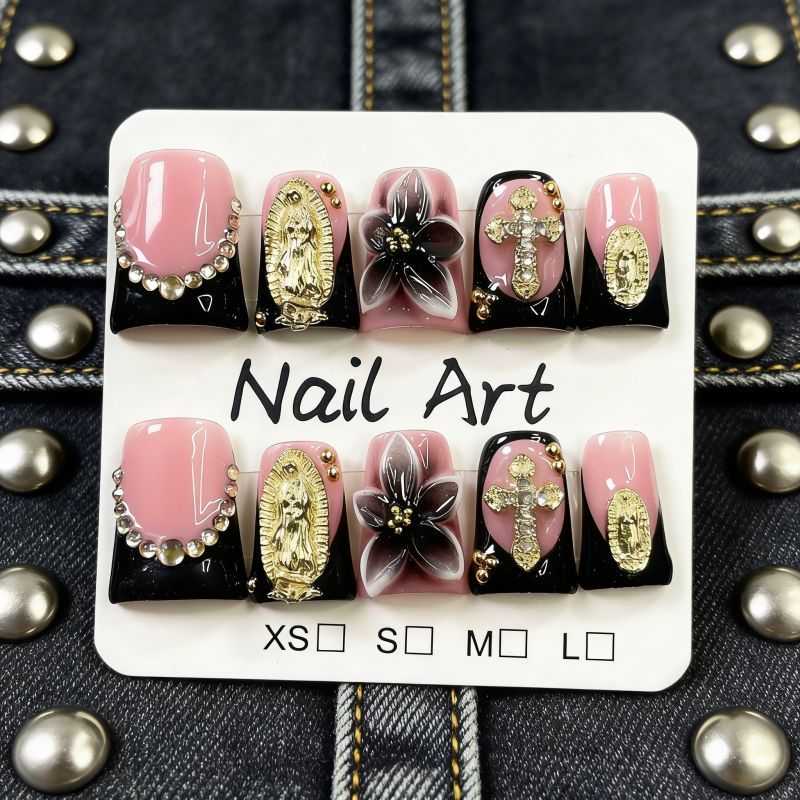 Duck Bill 3D Flower Design Rhinestone Cross Handmade Press On Nail Set